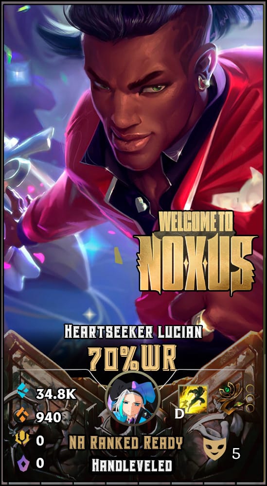Heartseeker Lucian | NA | 70% Win Rate | Hand-Leveled & Ranked Ready